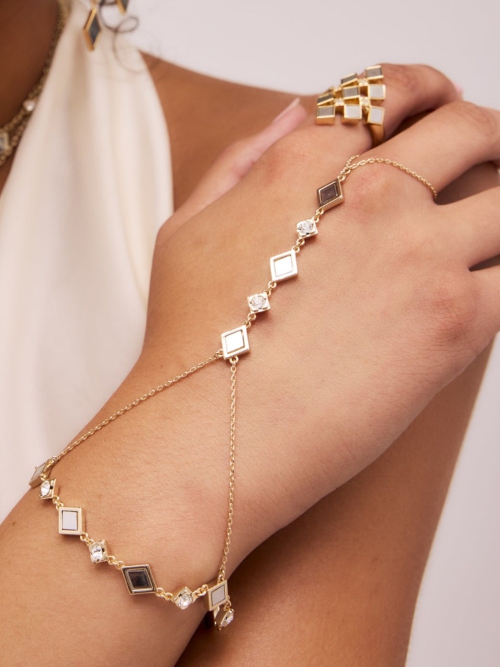 NIB Ramy Brook Eliza Geometric Hand Chain, Gold Silver Enamel, Diamond Charms